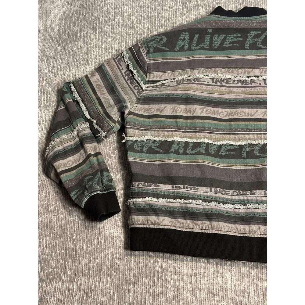 Forever 21 Men's Bomber Jacket L Quilted Distressed Striped Graphic Y2K Zip Rare